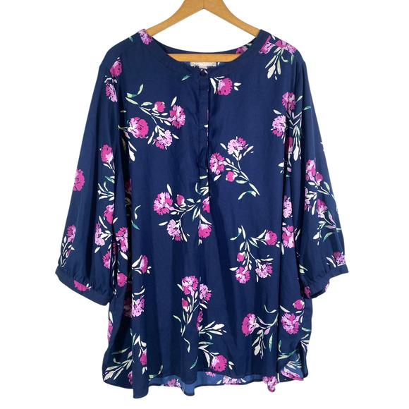 Woman Within Tunic Top 22/24 1X Blue Purple Floral Blouse Romantic Cottagecore - Picture 1 of 11